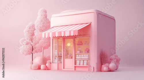 3D cute small pink store building isolated on pastel colour background