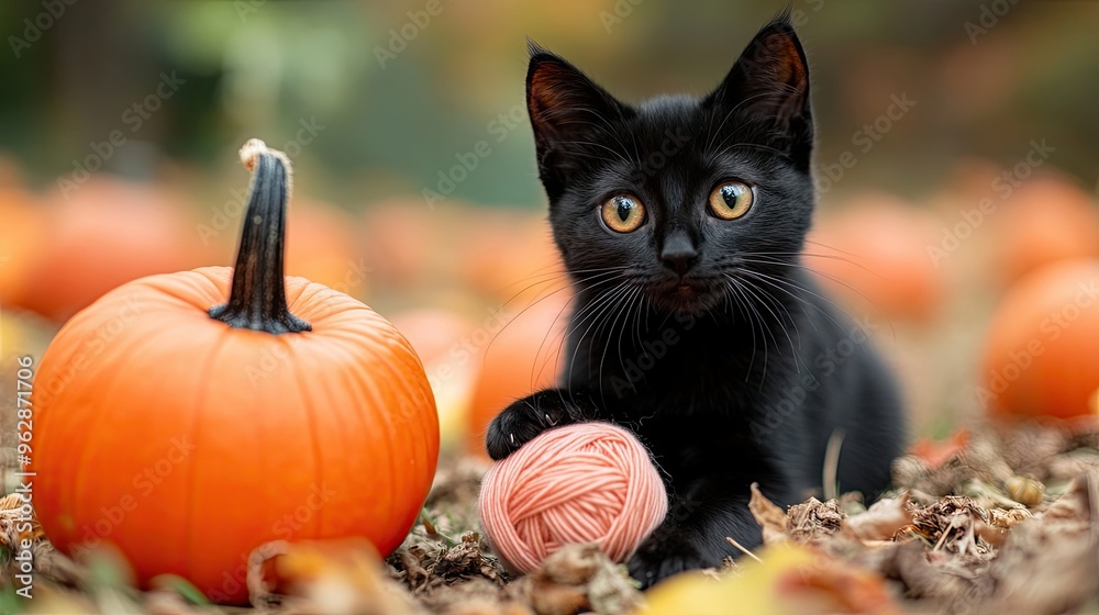 A cheerful black cat playing with a ball of yarn in a pumpkin patch A cheerful black cat playing with a ball of yarn in a pumpkin patch