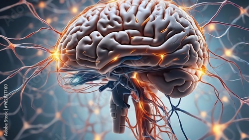 close up of human brain, neurons firing, neural extensions, cognitive learning plasticity. Detailed close up of human brain showing neurons firing and neural extensions in action	