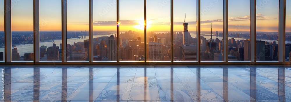 Panoramic view of a city skyline at sunrise from a high rise building.