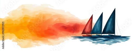 Begin Again with Watercolors: Watercolor sailboats on the ocean with vibrant red and orange sky. photo