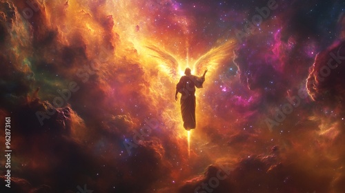 Wallpaper Mural A silhouette of an angel with outstretched wings flies through a colorful nebula. Torontodigital.ca