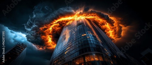 A dramatic view of a burning cloud formation above a skyscraper, creating a striking contrast between fire and architecture. photo