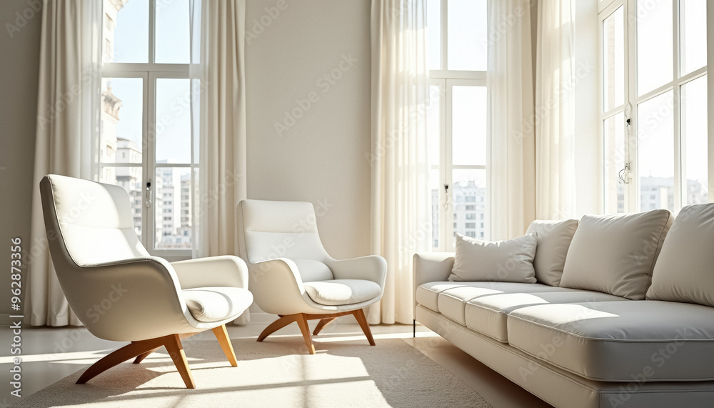 Fototapeta premium Modern living room with white sofa and chairs