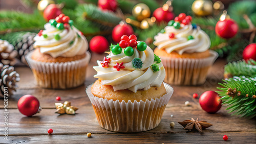 Christmas cupcake with Christmas decorations.	