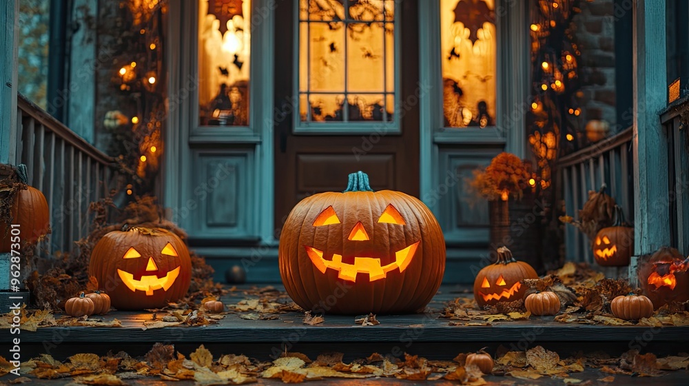 Obraz premium A decorated porch with carved pumpkins and Halloween decorations