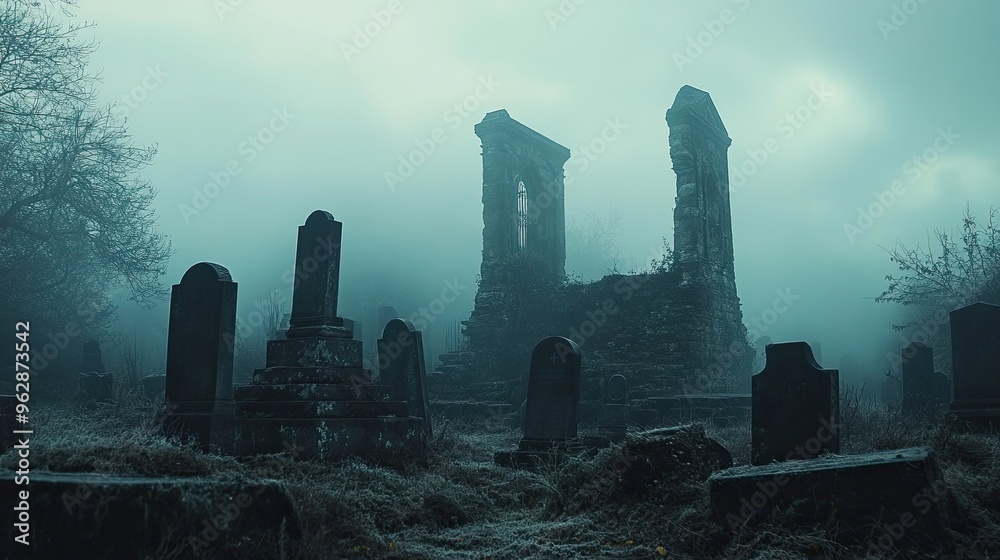 A foggy graveyard with ancient tombstones and mist A foggy graveyard with ancient tombstones and mist