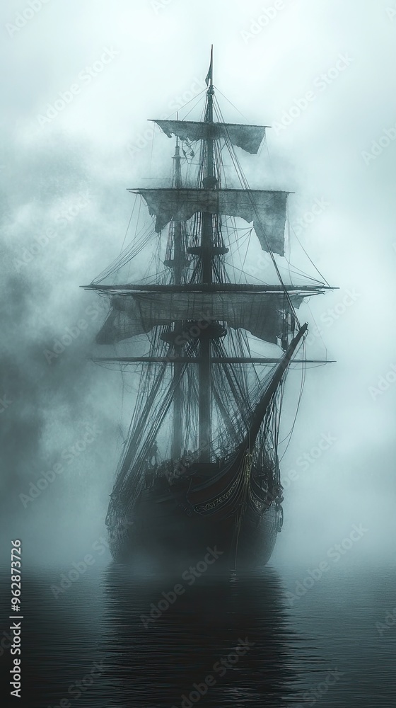Fototapeta premium A ghost ship sailing through a misty, haunted sea