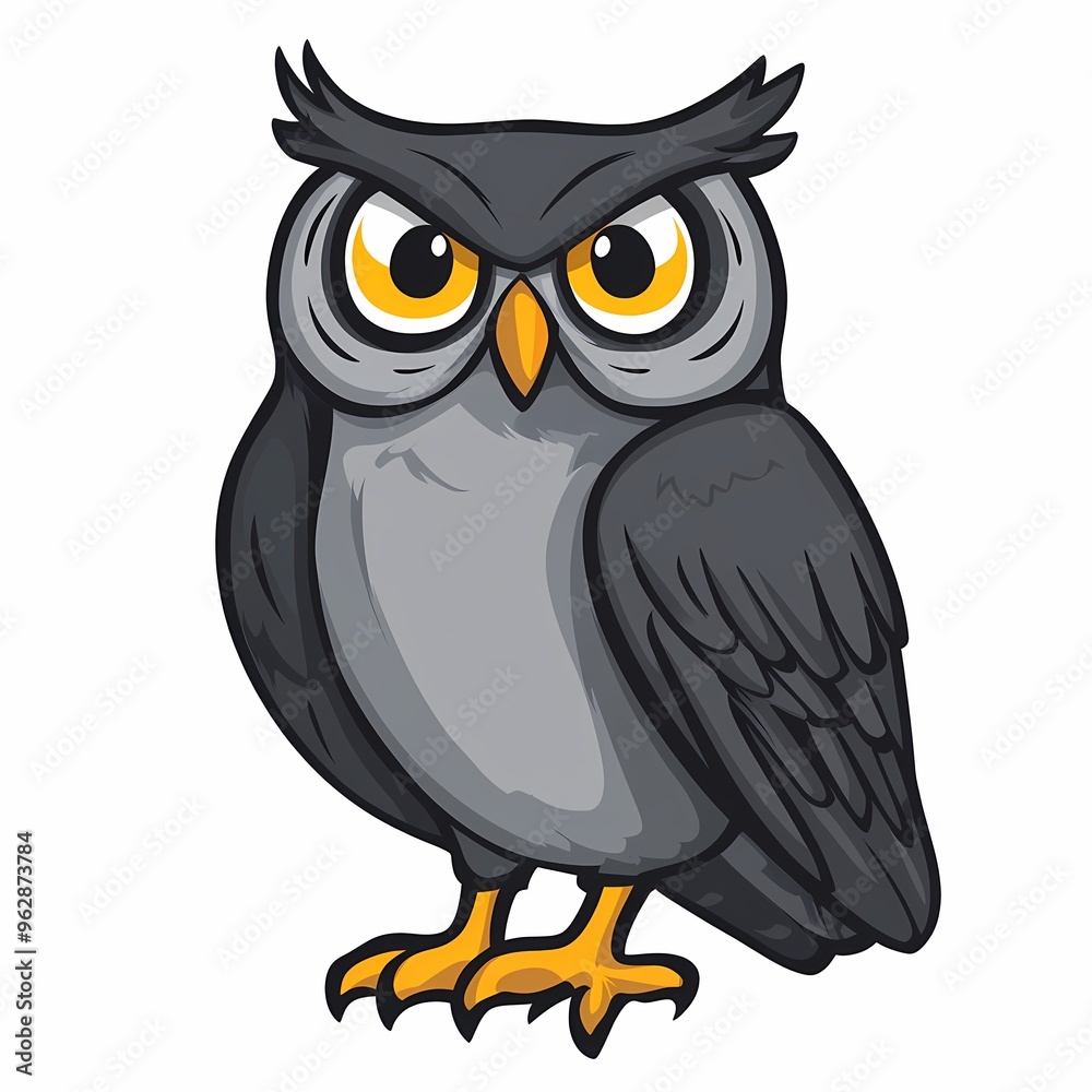 Naklejka premium A cartoon owl with gray feathers and yellow eyes.
