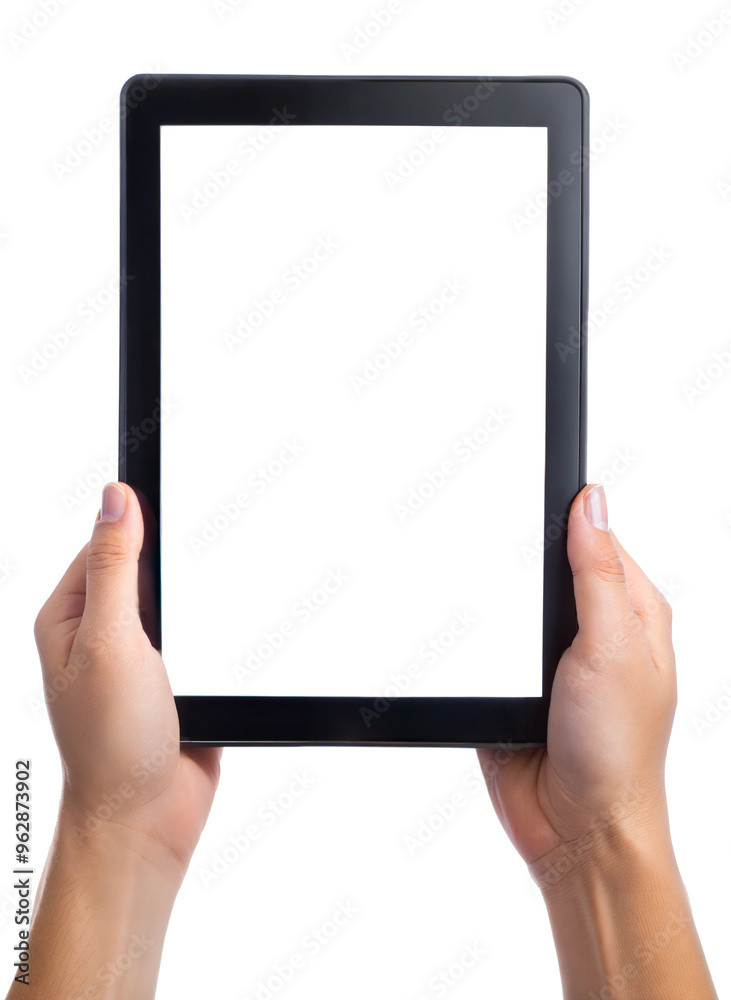 hands holding black digital tablet Mockup with white screen cut out. isolated on transparent background. Copy space. hands holding black digital tablet Mockup with white screen cut out. isolated on transparent background. Copy space.
