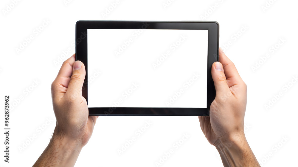 hands holding black digital tablet Mockup with white screen cut out. isolated on transparent background. Copy space. hands holding black digital tablet Mockup with white screen cut out. isolated on transparent background. Copy space.
