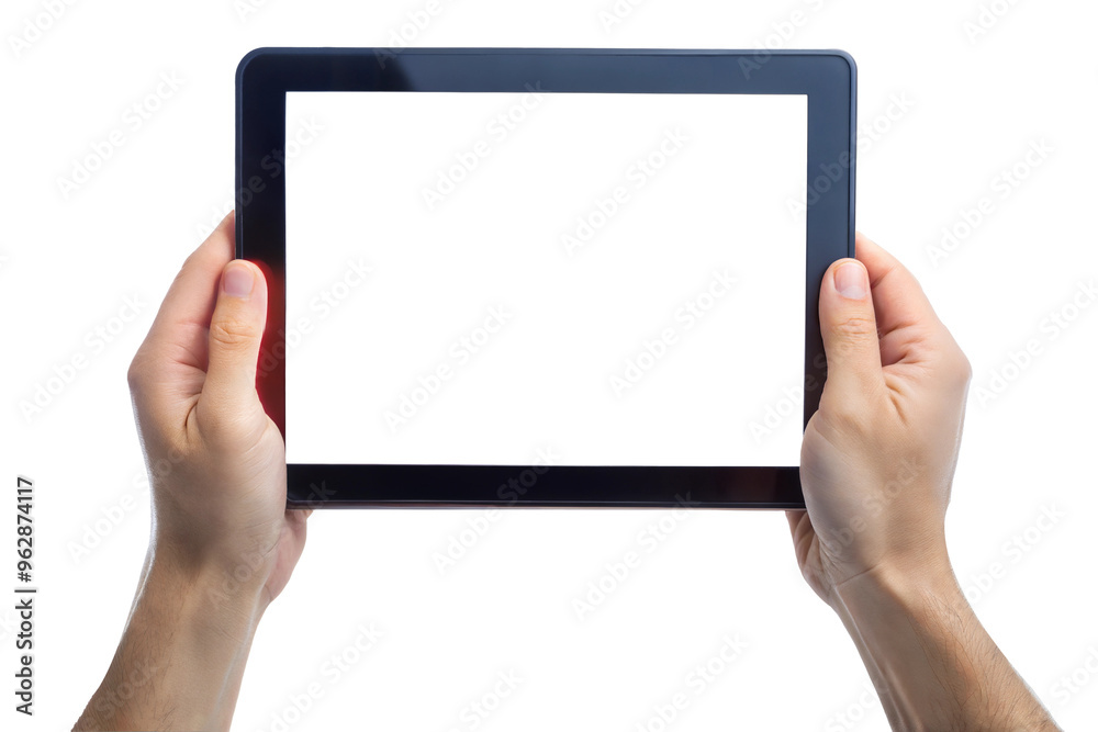 hands holding black digital tablet Mockup with white screen cut out. isolated on transparent background. Copy space. hands holding black digital tablet Mockup with white screen cut out. isolated on transparent background. Copy space.