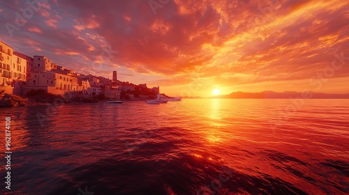 Breathtaking sunset over an old European coastal town with historic architecture