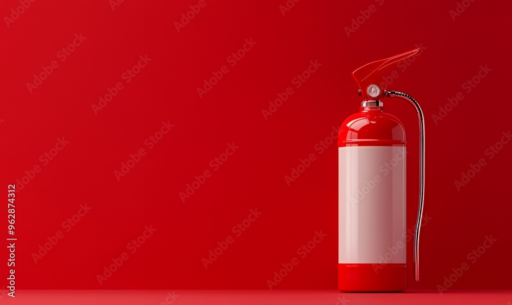 Obraz premium Red fire extinguisher with a white label on a red background.