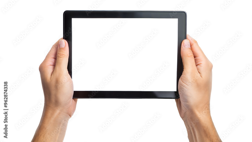 hands holding black digital tablet Mockup with white screen cut out. isolated on transparent background. Copy space. hands holding black digital tablet Mockup with white screen cut out. isolated on transparent background. Copy space.