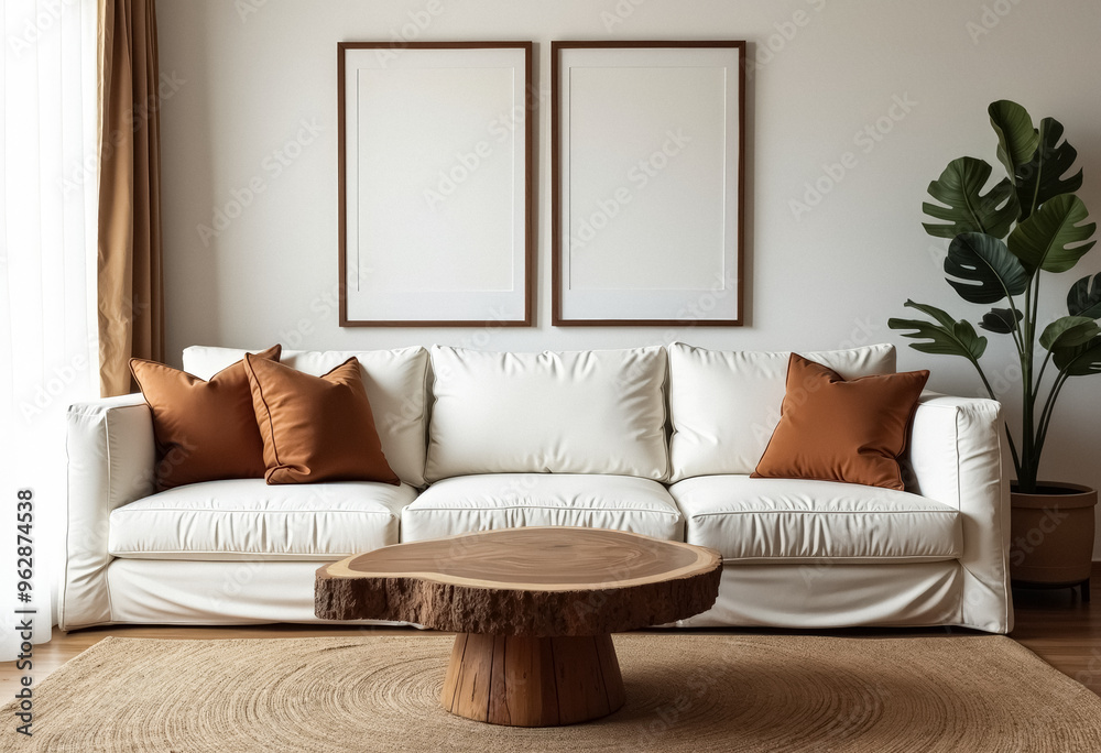 Fototapeta premium Minimalist Living Room with White Sofa and Wooden Coffee Table