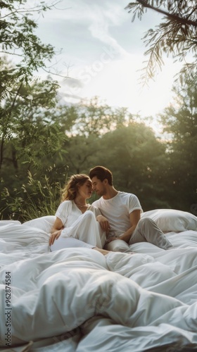 A couple sits intimately on a bed outdoors, surrounded by trees. The setting blends nature with bedroom comfort, hinting at a romantic moment between them.