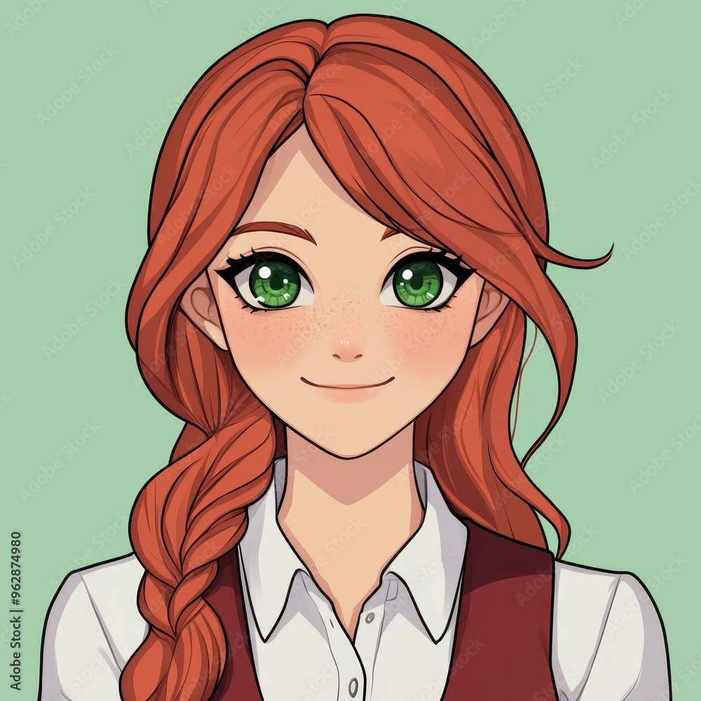 A vibrant girl with brownishred hair, green eyes, and a striking red suit, ready to charm customers as a seller. A vibrant girl with brownishred hair, green eyes, and a striking red suit, ready to charm customers as a seller.