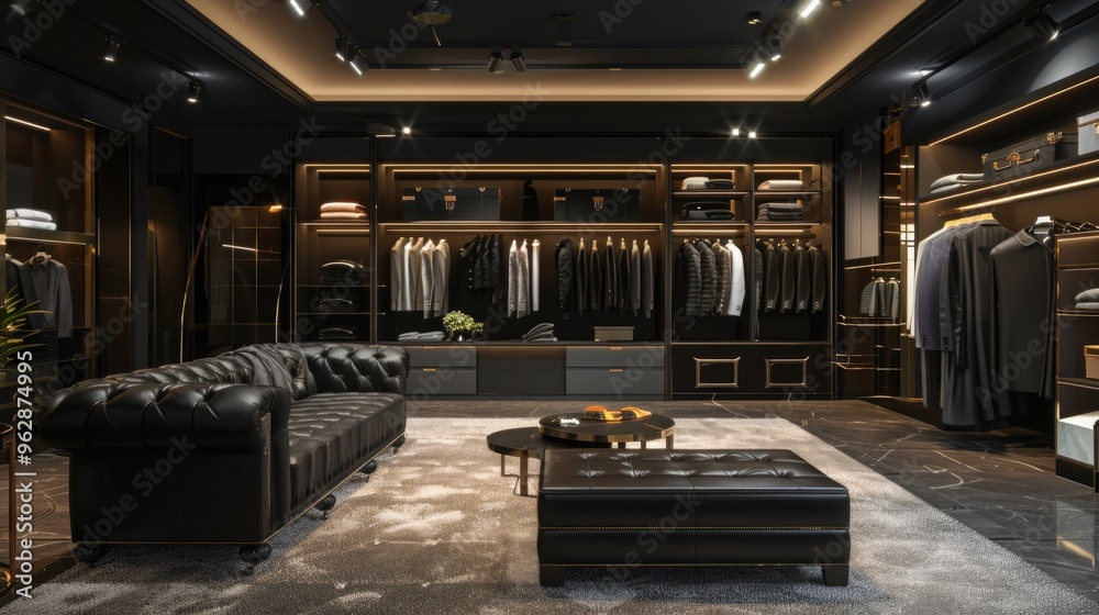 Luxurious men's clothing showroom with black and brown color scheme, elegant decor, and extensive collection of shirts and suits displayed on racks. Luxurious men's clothing showroom with black and brown color scheme, elegant decor, and extensive collection of shirts and suits displayed on racks.