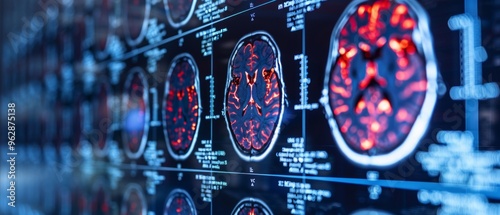MRI brain scans vary in shading, with a red-highlighted one standing out. The image suggests focus on neural activity or specific brain areas.