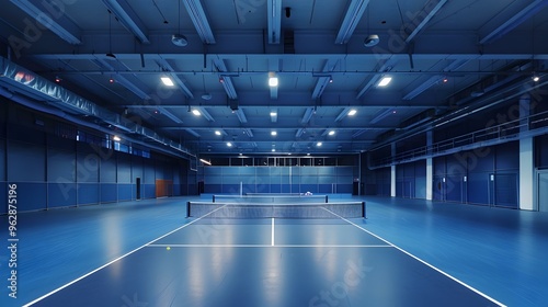 Indoor Tennis Court Blue Court with Net and Lines