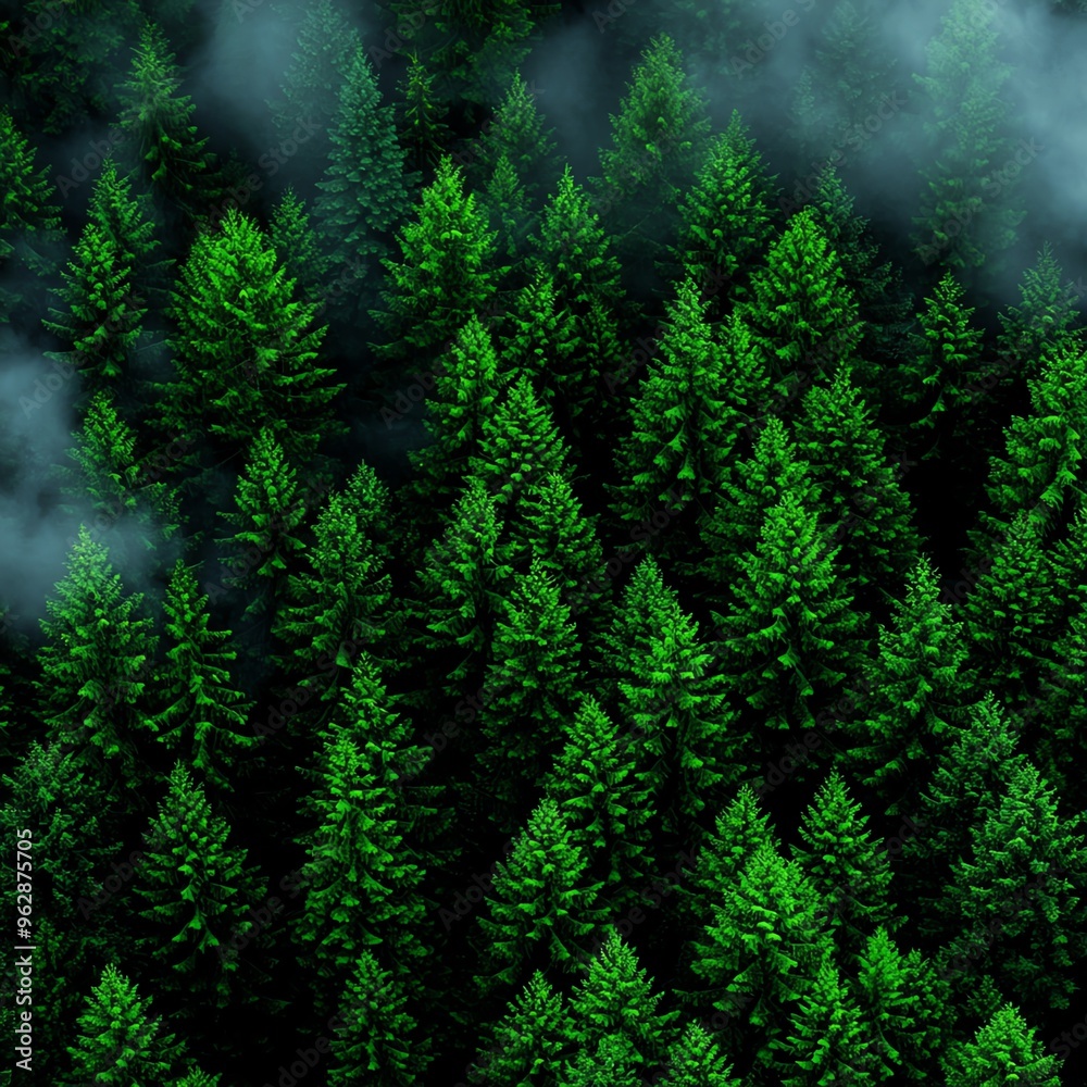 A serene aerial view of lush green pine trees surrounded by mist, creating a tranquil forest atmosphere. A serene aerial view of lush green pine trees surrounded by mist, creating a tranquil forest atmosphere.