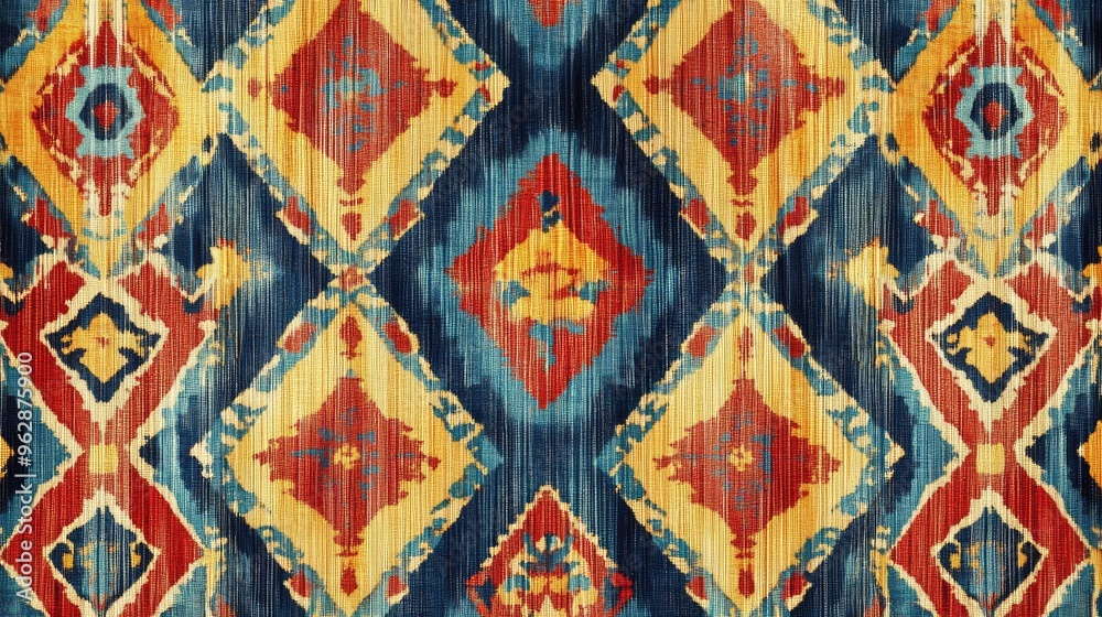 A detailed digital rendering of a vibrant Indonesian ikat fabric pattern with bold geometric designs in red, blue, and yellow, ideal for striking textile or wallpaper designs. A detailed digital rendering of a vibrant Indonesian ikat fabric pattern with bold geometric designs in red, blue, and yellow, ideal for striking textile or wallpaper designs.