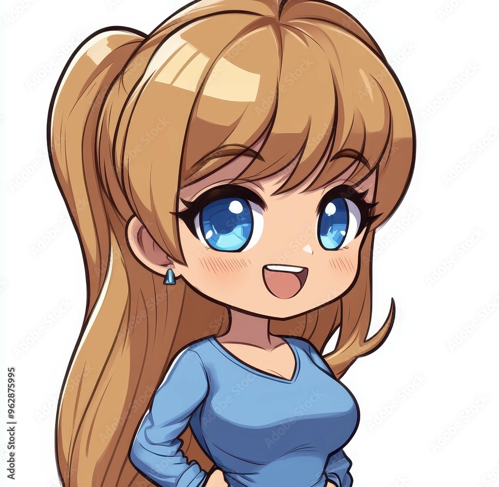 A cute female celeb character in chibi style with blond hair, bright blue eyes, exuding joy in vibrant dragoncore designs.