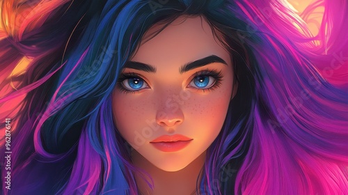 A stunning anime woman with vibrant black, purple, and multicolored hair, captivating with her beauty and style.