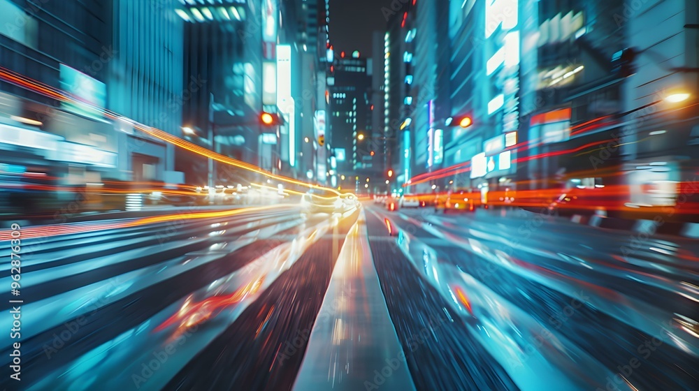 Naklejka premium Dynamic Cityscape Blurry Lights and Motion in Urban Night