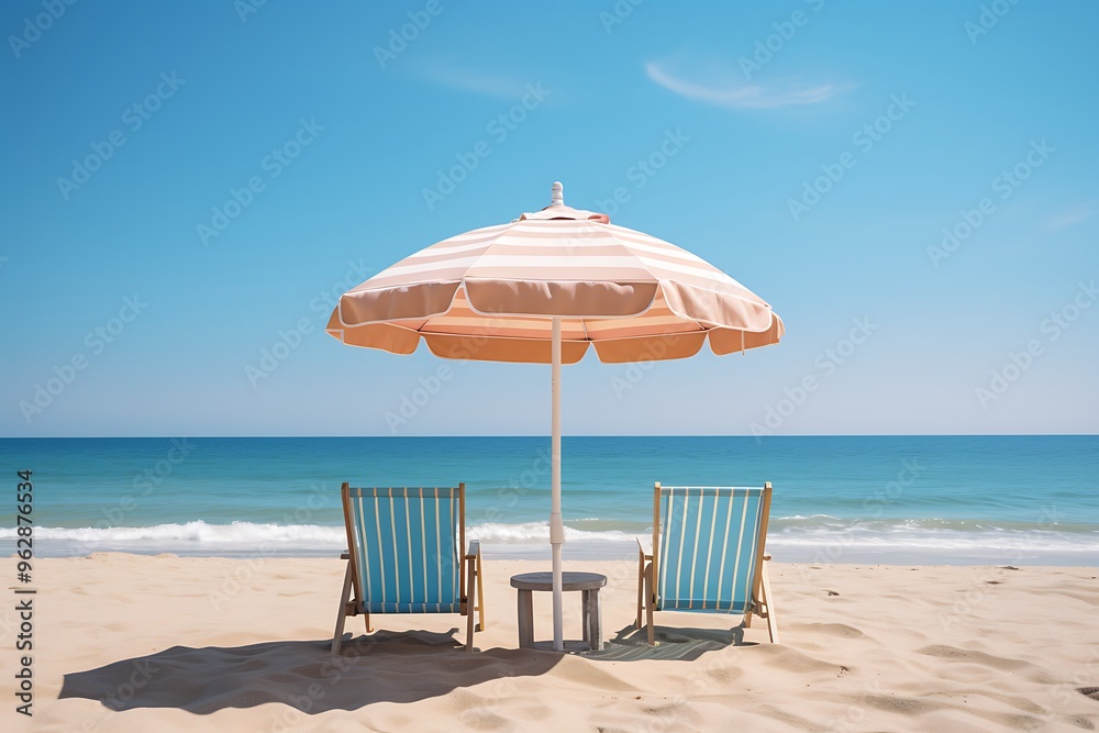 Fototapeta premium Beach chair and umbrella on the beach with blue sky