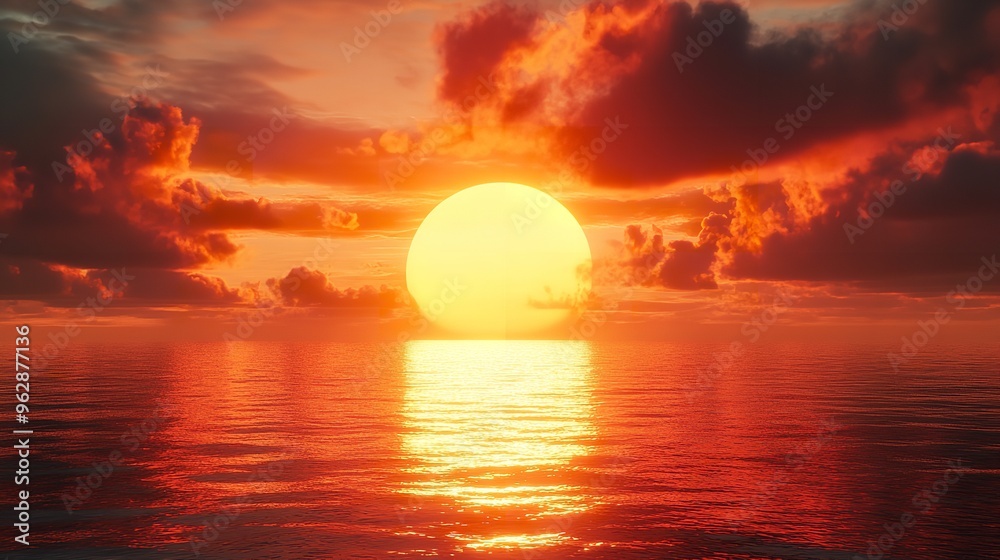 Fiery Sunset Over Calm Ocean Waters Fiery Sunset Over Calm Ocean Waters