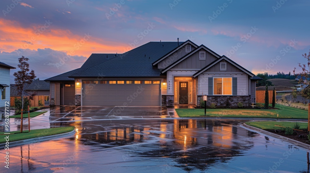 Modern House Exterior with Sunset Sky and Wet Pavement