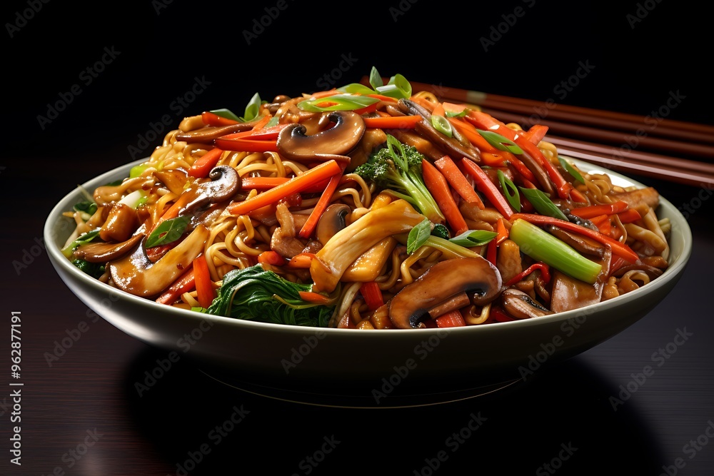 Asian noodles with vegetables and mushrooms in a bowl on a black background Asian noodles with vegetables and mushrooms in a bowl on a black background
