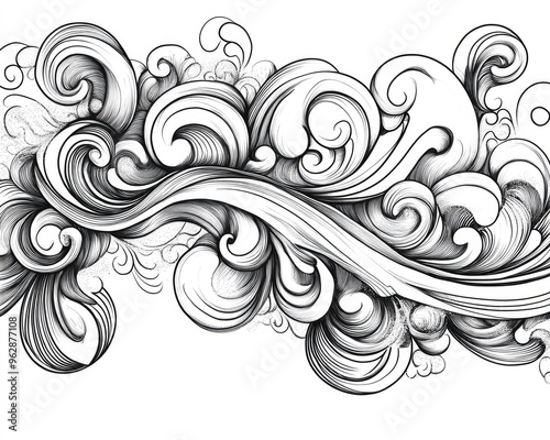 Line art illustration featuring whimsical swirl decorative elements in a cartoon style