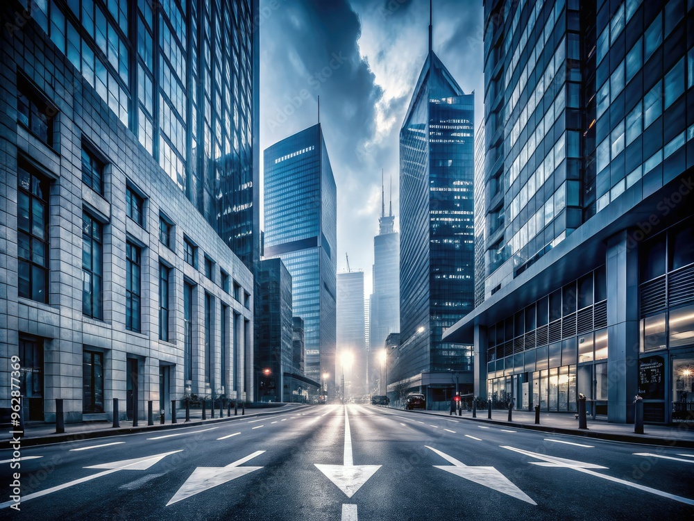 moody monochrome contemporary urban architecture with bold white arrows pointing towards modern skyscrapers on a deserted street at dusk with subtle mist effect moody monochrome contemporary urban architecture with bold white arrows pointing towards modern skyscrapers on a deserted street at dusk with subtle mist effect