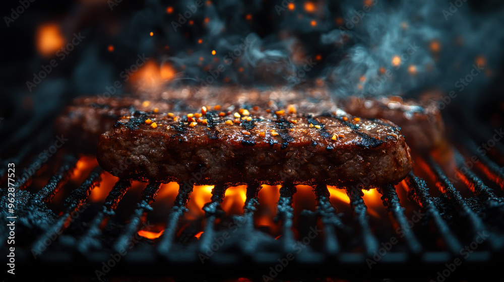 Juicy steaks sizzling on the grill surrounded by smoke and glowing embers during an evening barbecue gathering Juicy steaks sizzling on the grill surrounded by smoke and glowing embers during an evening barbecue gathering