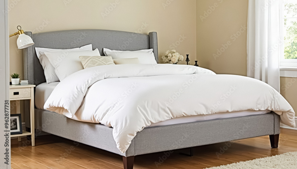 Grey Upholstered Bed with White Bedding Grey Upholstered Bed with White Bedding