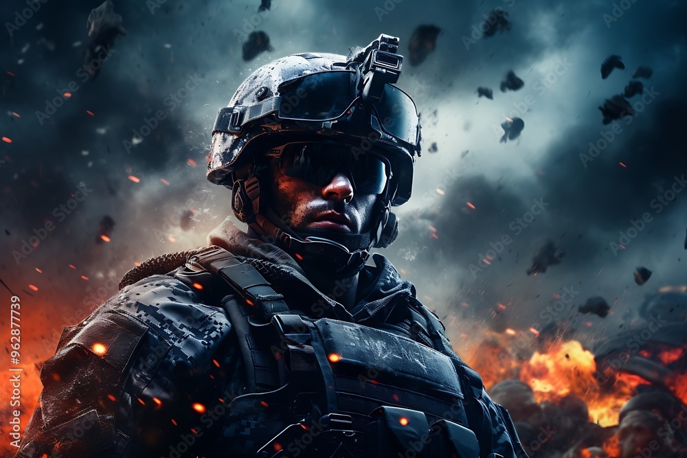 Portrait of a special forces soldier on the background of burning city Portrait of a special forces soldier on the background of burning city