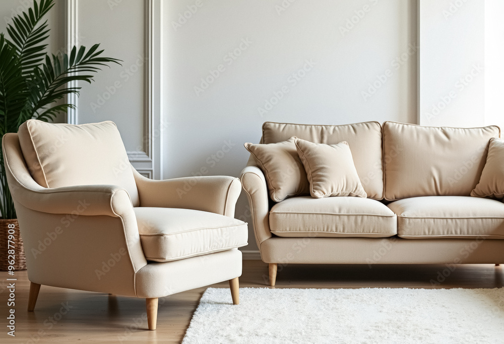 Fototapeta premium Beige Sofa and Armchair in a Minimalist Living Room