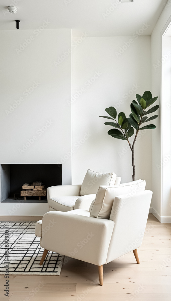 Modern White Living Room with Minimalist Decor and a Touch of Greenery Modern White Living Room with Minimalist Decor and a Touch of Greenery