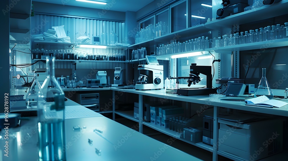 Modern Science Laboratory with Microscopes and Equipment Modern Science Laboratory with Microscopes and Equipment