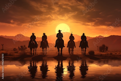 Silhouette of soldiers on horseback in the desert at sunset