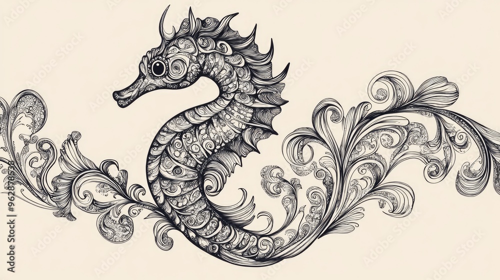 Line art depiction of a seahorse in intricate zentangle design Line art depiction of a seahorse in intricate zentangle design