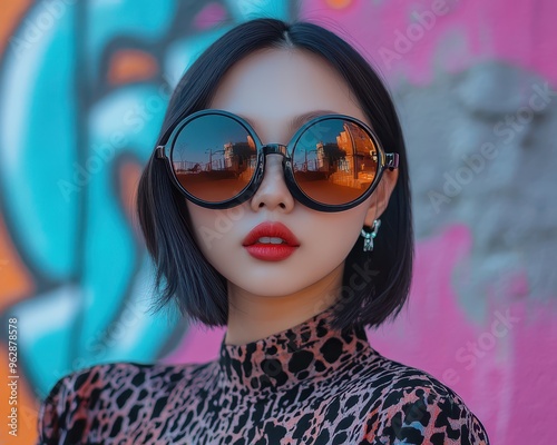 Young Asian woman posing with oversized sunglasses, graffitiinspired background, bold and dynamic photo