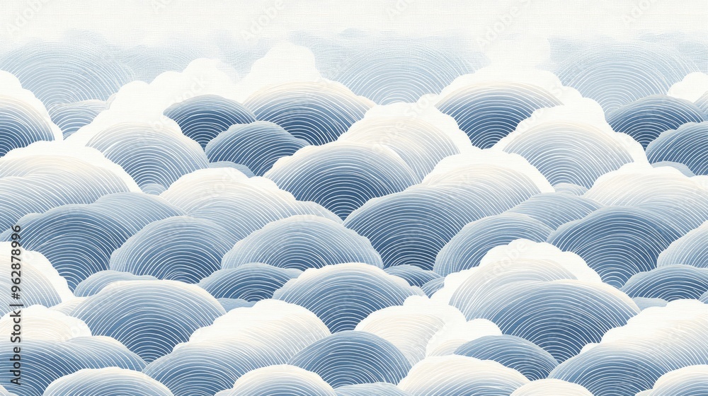 Fototapeta premium A high-resolution digital rendering of a Japanese fabric pattern showcasing traditional wave (seigaiha) designs in soft blue and white, ideal for minimalist textiles or wallpaper.