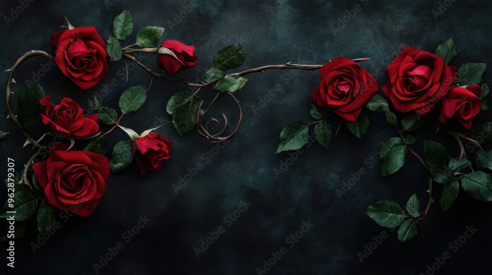 Blood red roses entwined on a curly vine with green leaves and thorns, Blood red roses entwined on a curly vine with green leaves and thorns,