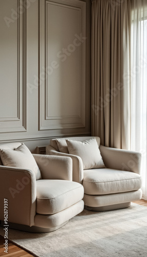 Modern living room with two white armchairs and a rug