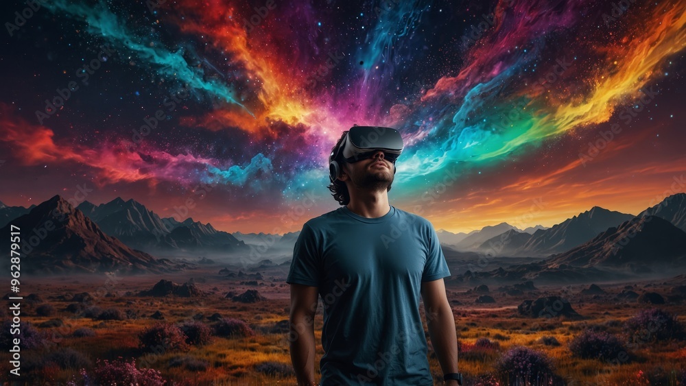 Virtual Reality Mindscape: A person wearing a VR headset, with their thoughts and imagination visualized as a colorful, digital landscape around them Virtual Reality Mindscape: A person wearing a VR headset, with their thoughts and imagination visualized as a colorful, digital landscape around them