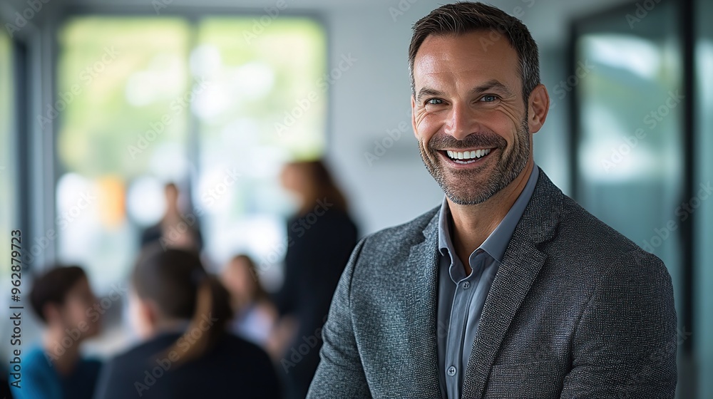 Obraz premium Bright and confident male trainer in a dynamic environment is giving directions to his participants with a cheerful smile